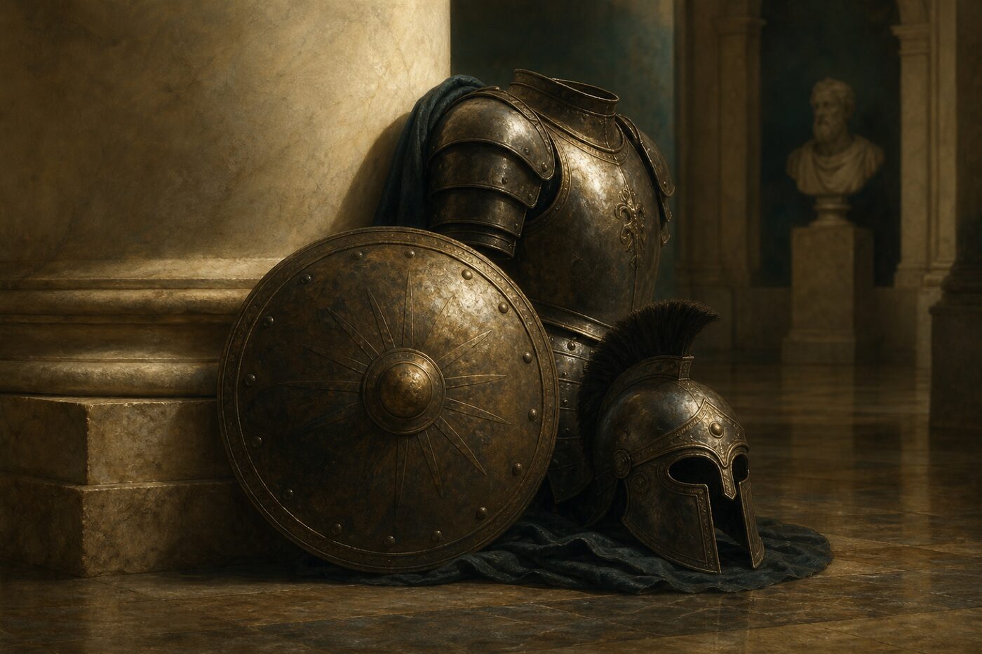 Classical armor and shield, showing layered defense before launch