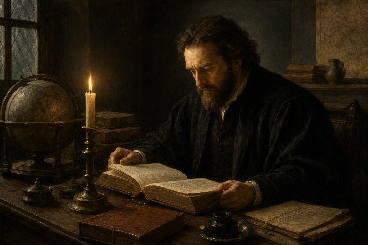 Classical scholar at a desk, studying what the machine wrote