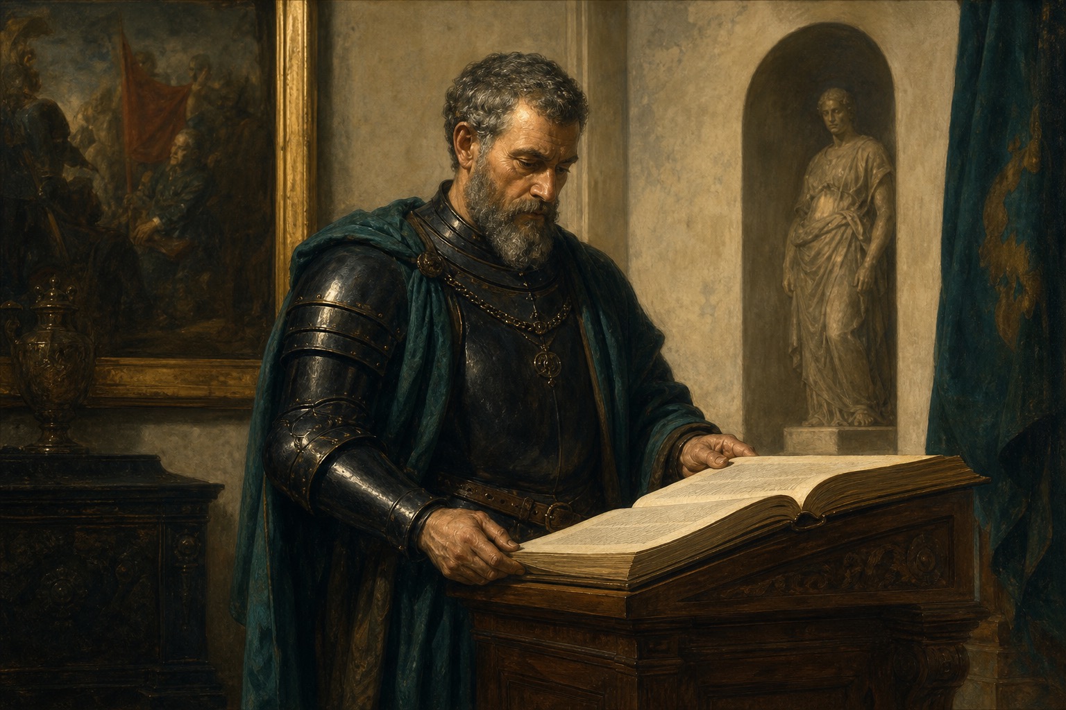 Classical painting of a scholar in armor reviewing a ledger, standing for careful launch stewardship